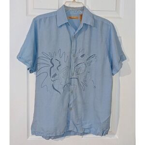 The Havanera Co. Linen Rayon Shirt‎ Drummer Graphic Short Sleeve Small Blue